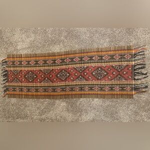 Ethnic Straw Table Runner with Red Mustard Black White Design